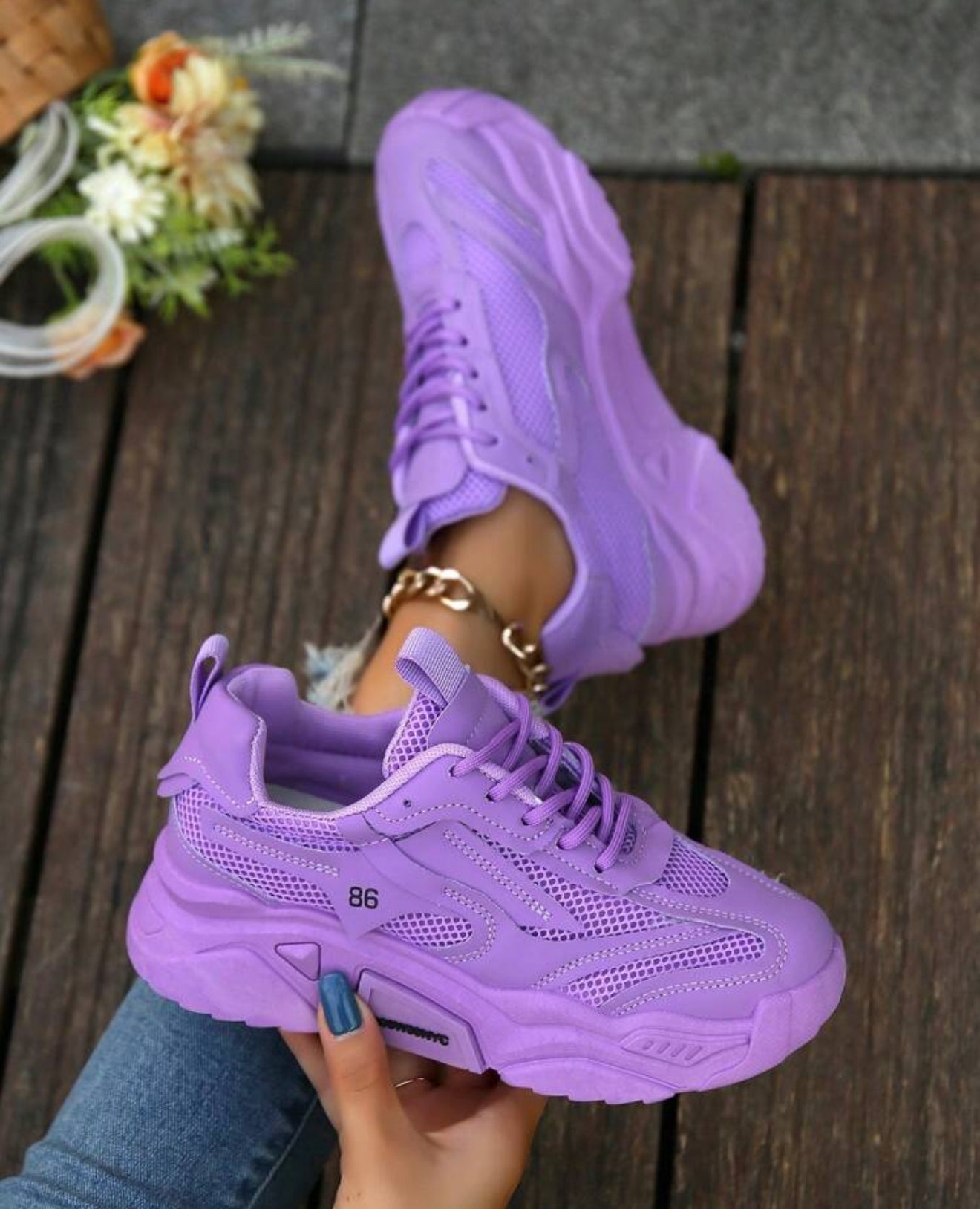 Thick Sole Chunky Sneakers, Purple Color, Elevated, Mesh Fabric, Patchwork, Casual Shoes For 4 Seasons