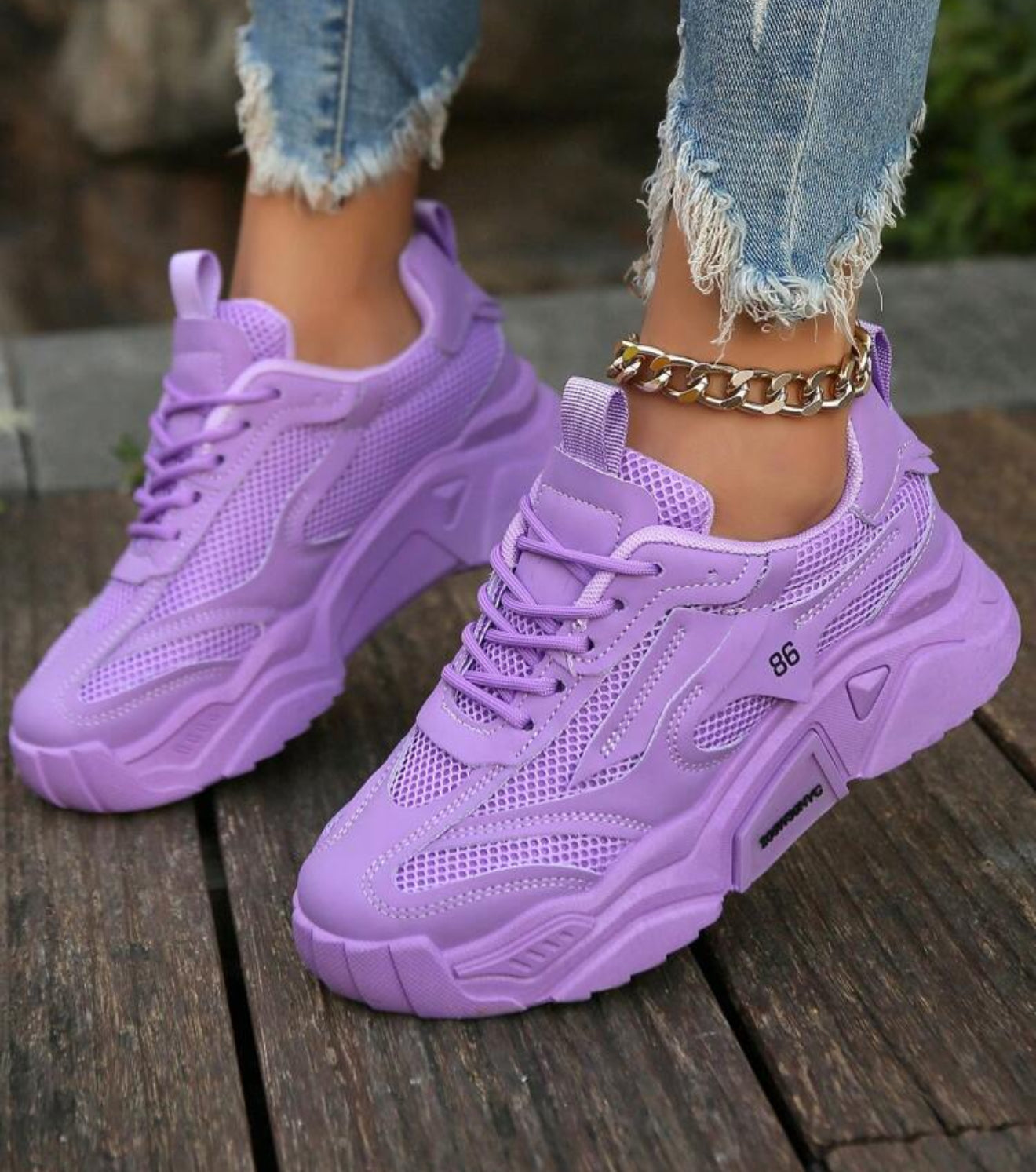 Thick Sole Chunky Sneakers, Purple Color, Elevated, Mesh Fabric, Patchwork, Casual Shoes For 4 Seasons