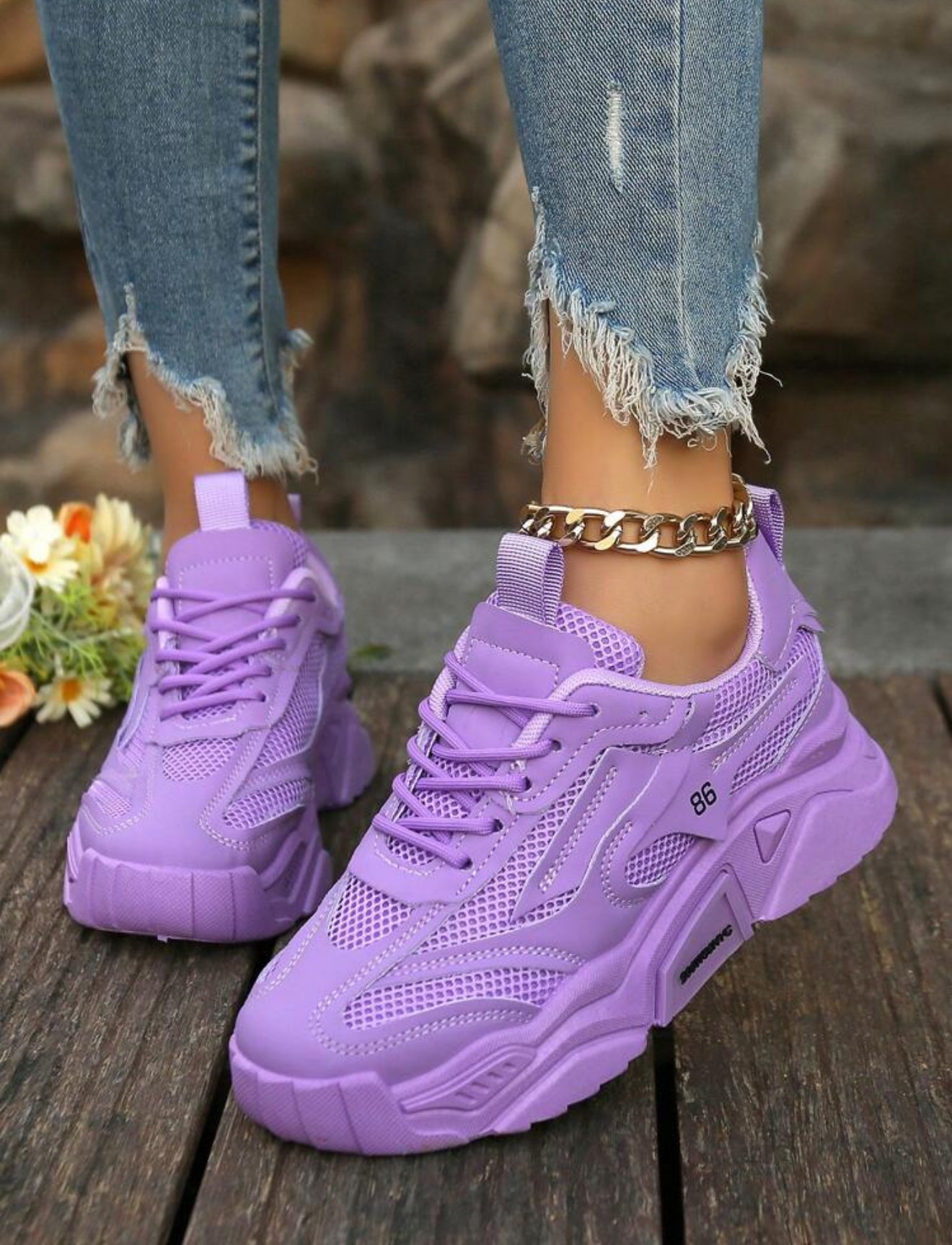 Thick Sole Chunky Sneakers, Purple Color, Elevated, Mesh Fabric, Patchwork, Casual Shoes For 4 Seasons