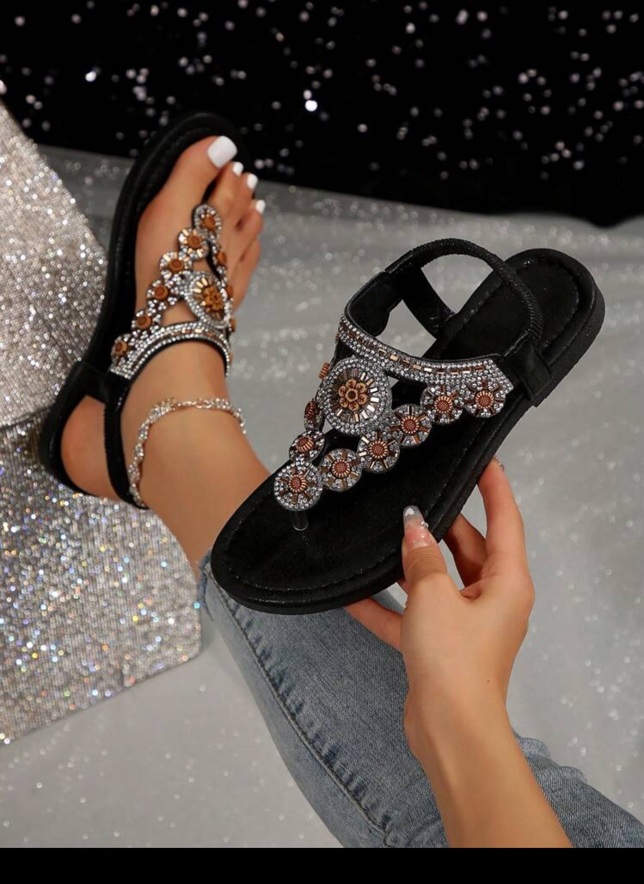 Women's Rhinestone Adorned Flat Sandals, Toe Ring Style, Bohemian , Perfect For Summer And Beach Valentines