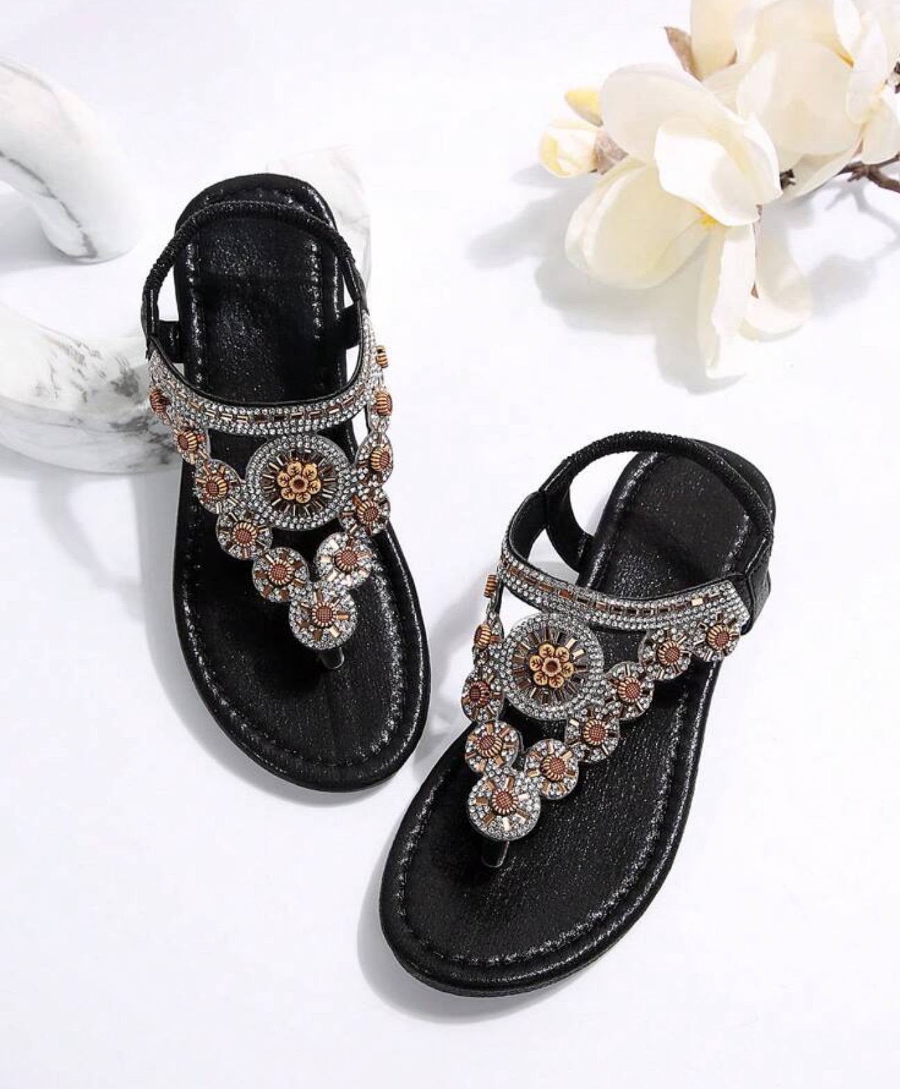 Women's Rhinestone Adorned Flat Sandals, Toe Ring Style, Bohemian , Perfect For Summer And Beach Valentines