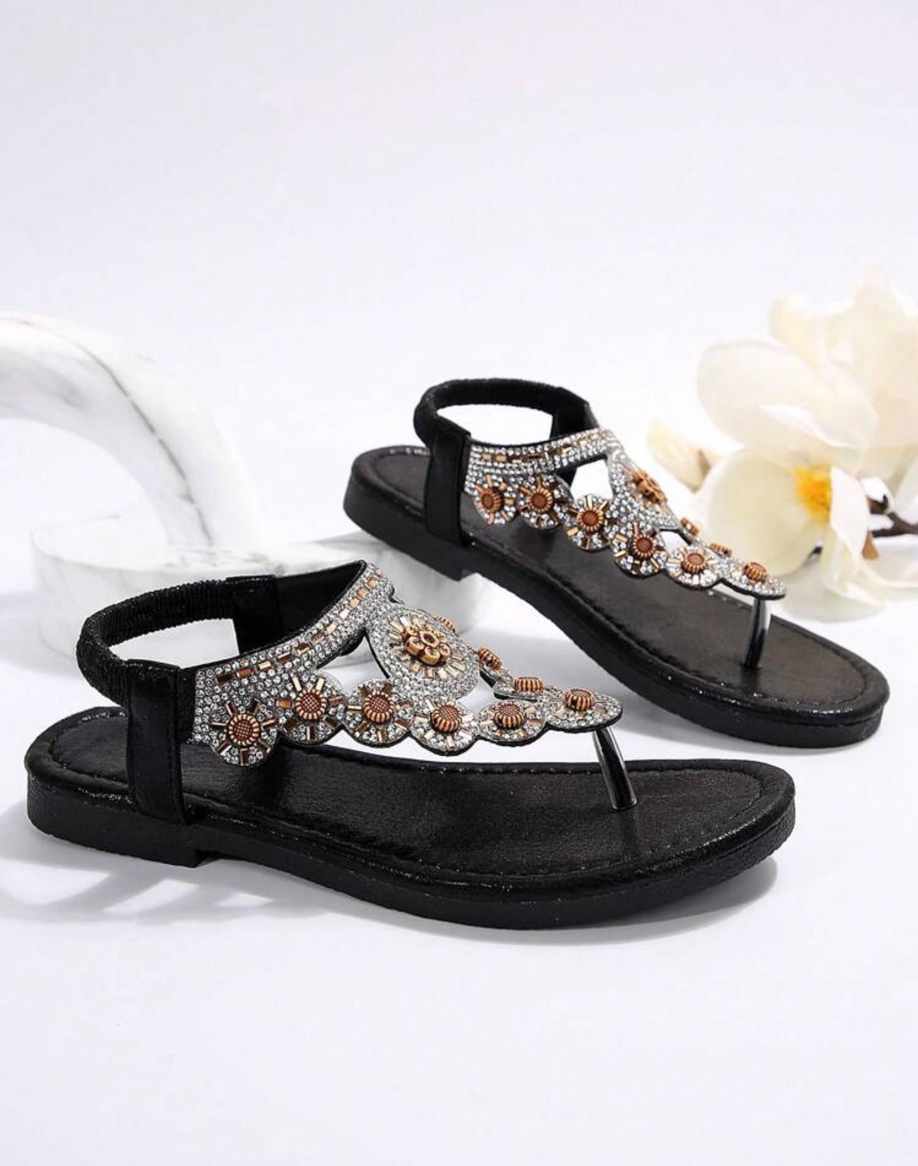 Women's Rhinestone Adorned Flat Sandals, Toe Ring Style, Bohemian , Perfect For Summer And Beach Valentines