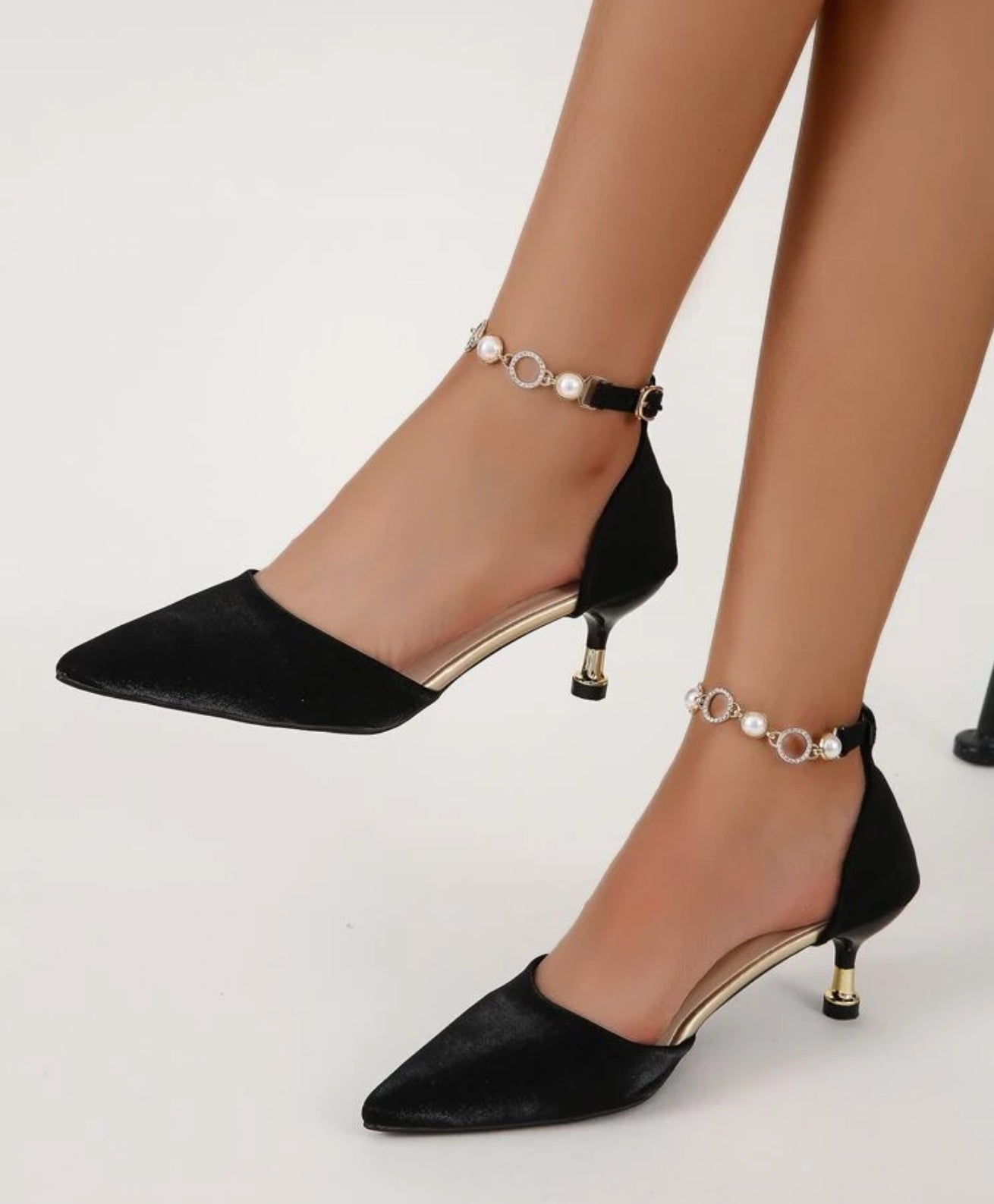 Women Black Rhinestone & Faux Pearl Decor Heel Sandals, Elegant Point Toe Ankle Strap Pumps Valentines