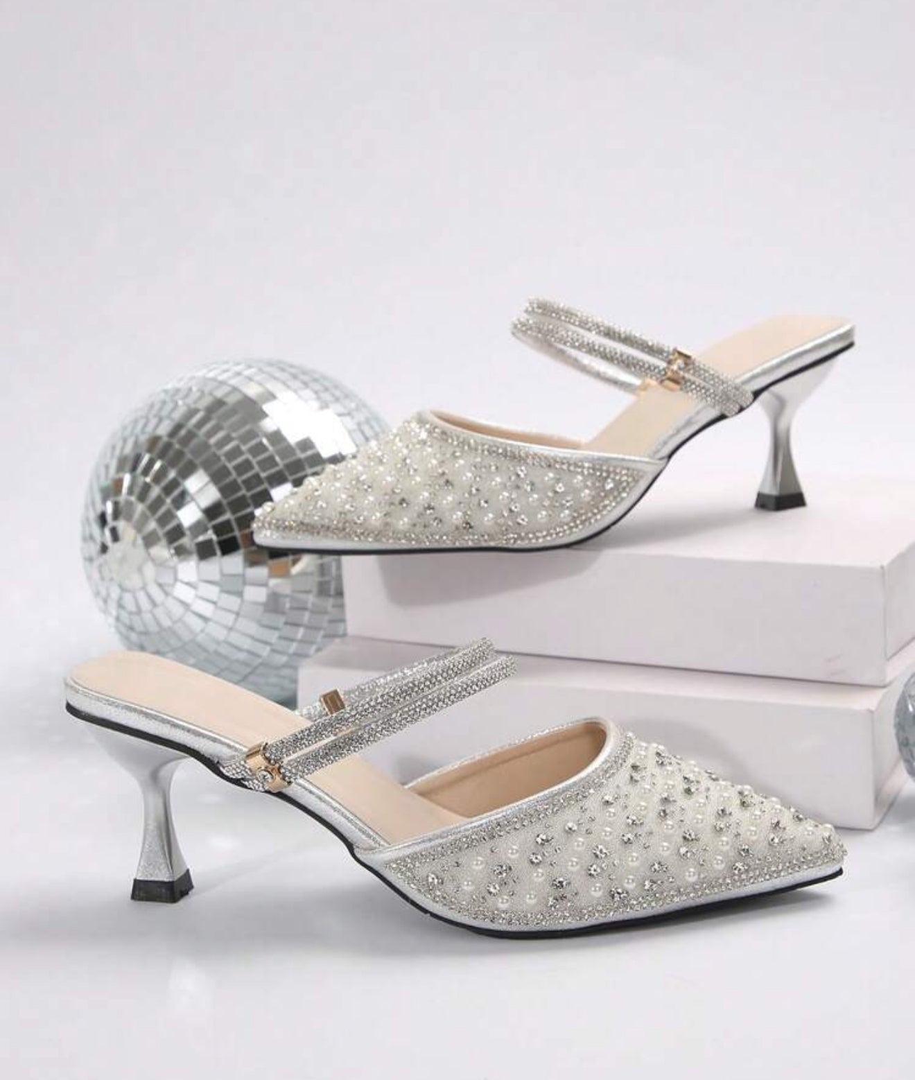 Spring Autumn Korean Style Minimalist Crystal & Faux Pearl Pointed-Toe High Heels, Diamond Decorated Women Office/Party Wear Mules