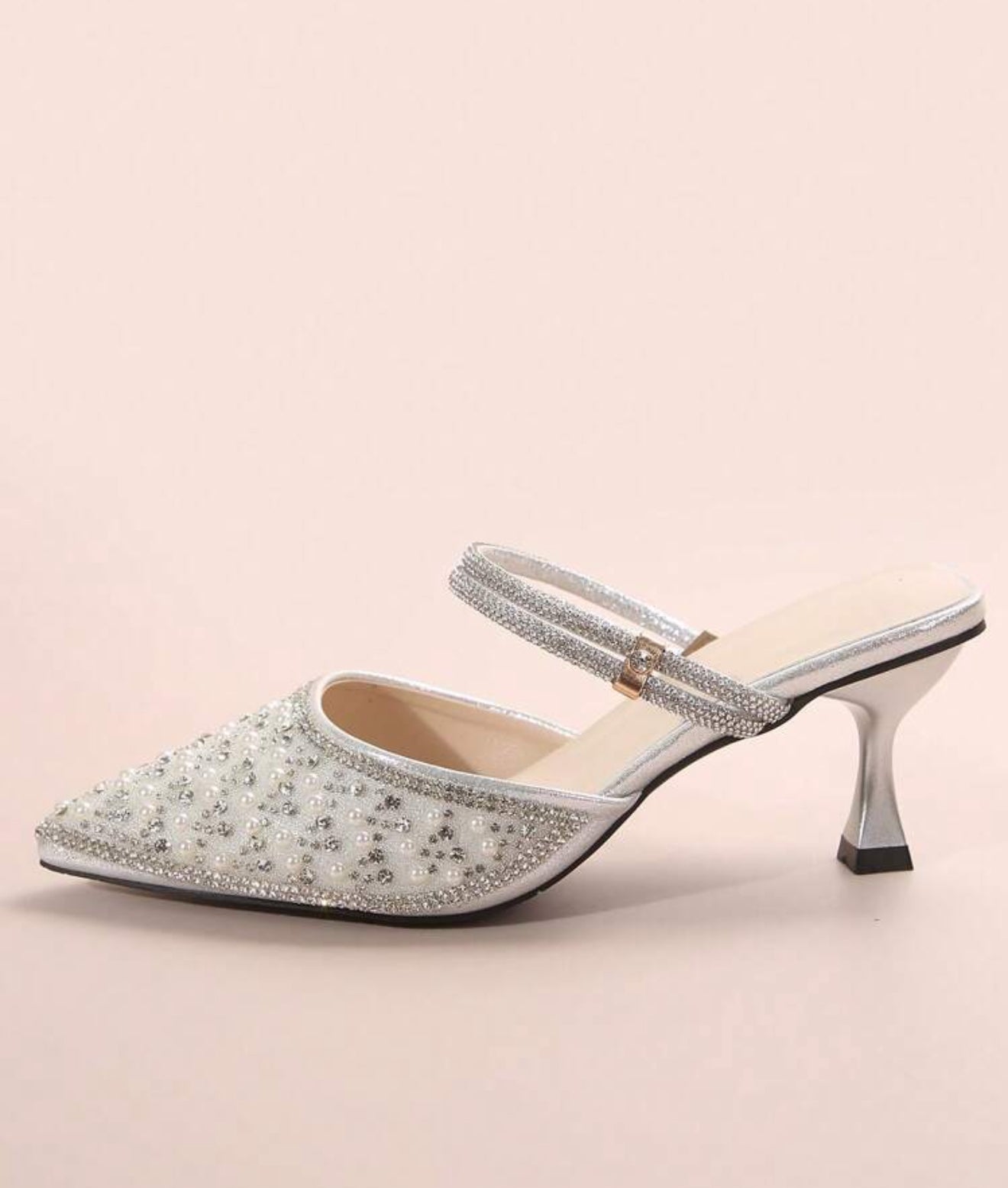 Spring Autumn Korean Style Minimalist Crystal & Faux Pearl Pointed-Toe High Heels, Diamond Decorated Women Office/Party Wear Mules