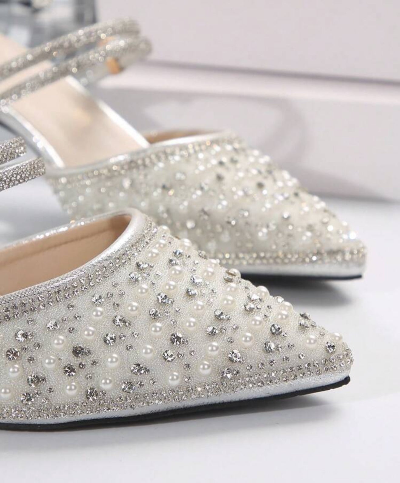 Spring Autumn Korean Style Minimalist Crystal & Faux Pearl Pointed-Toe High Heels, Diamond Decorated Women Office/Party Wear Mules