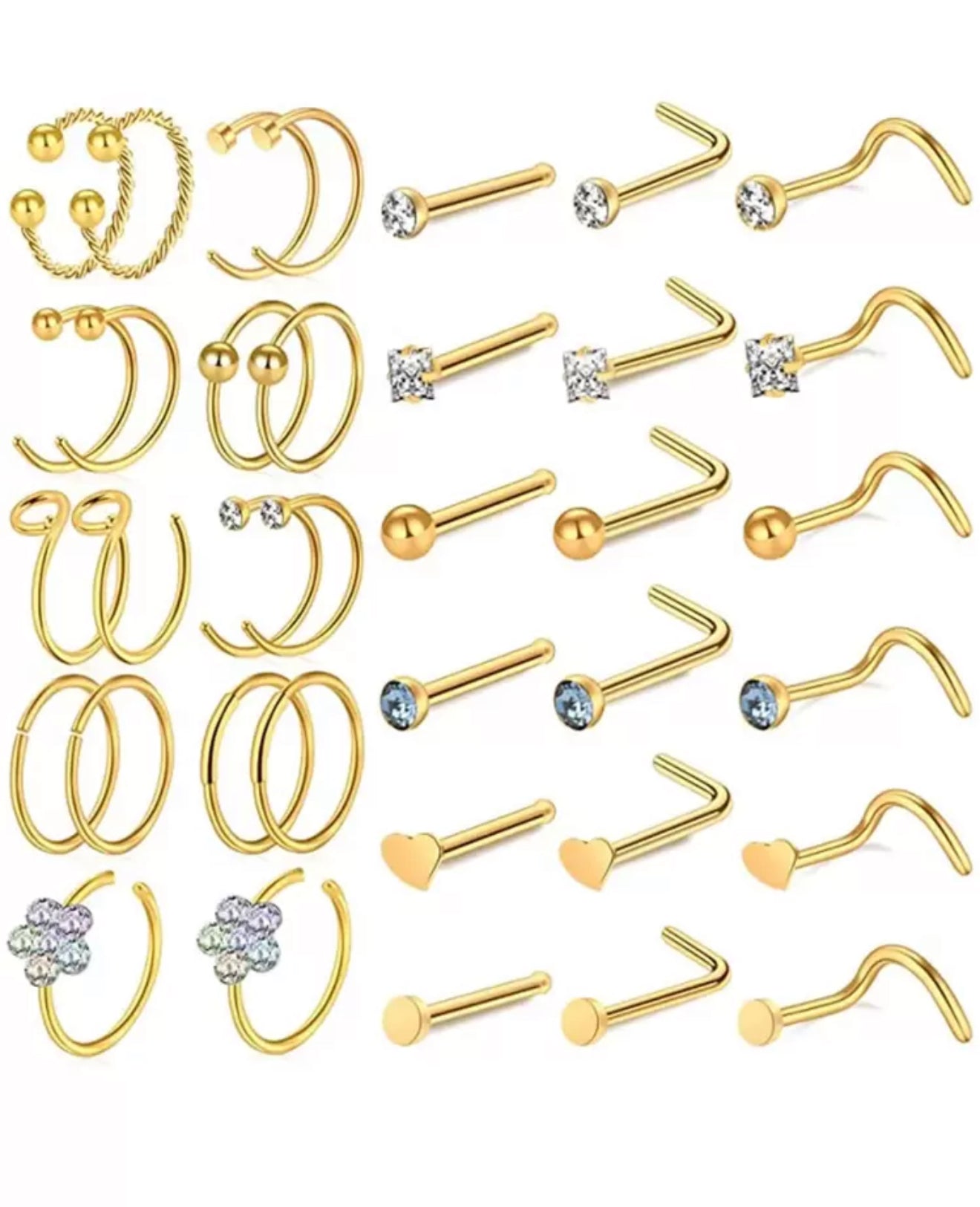 36pcs Stainless Steel &amp; Rhinestone Decorated Fashion Nose Hoop &amp; Stud Set
