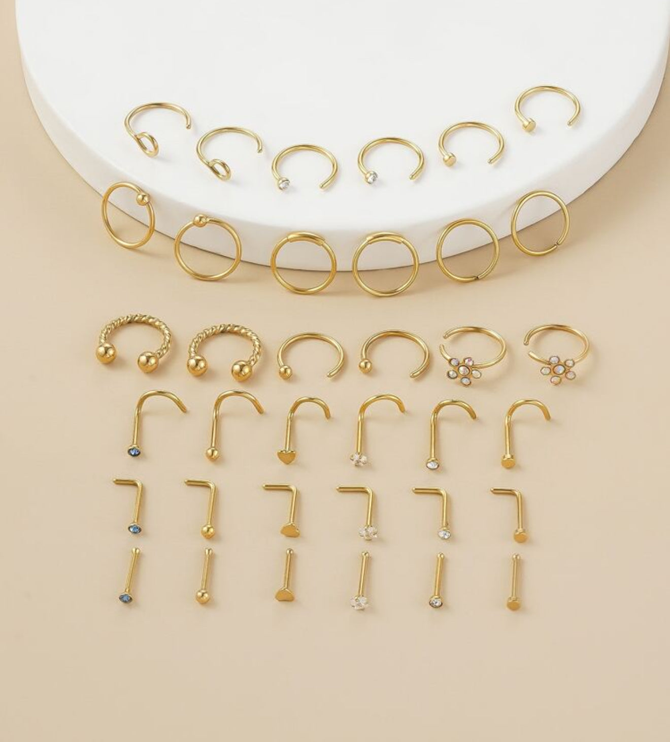36pcs Stainless Steel &amp; Rhinestone Decorated Fashion Nose Hoop &amp; Stud Set