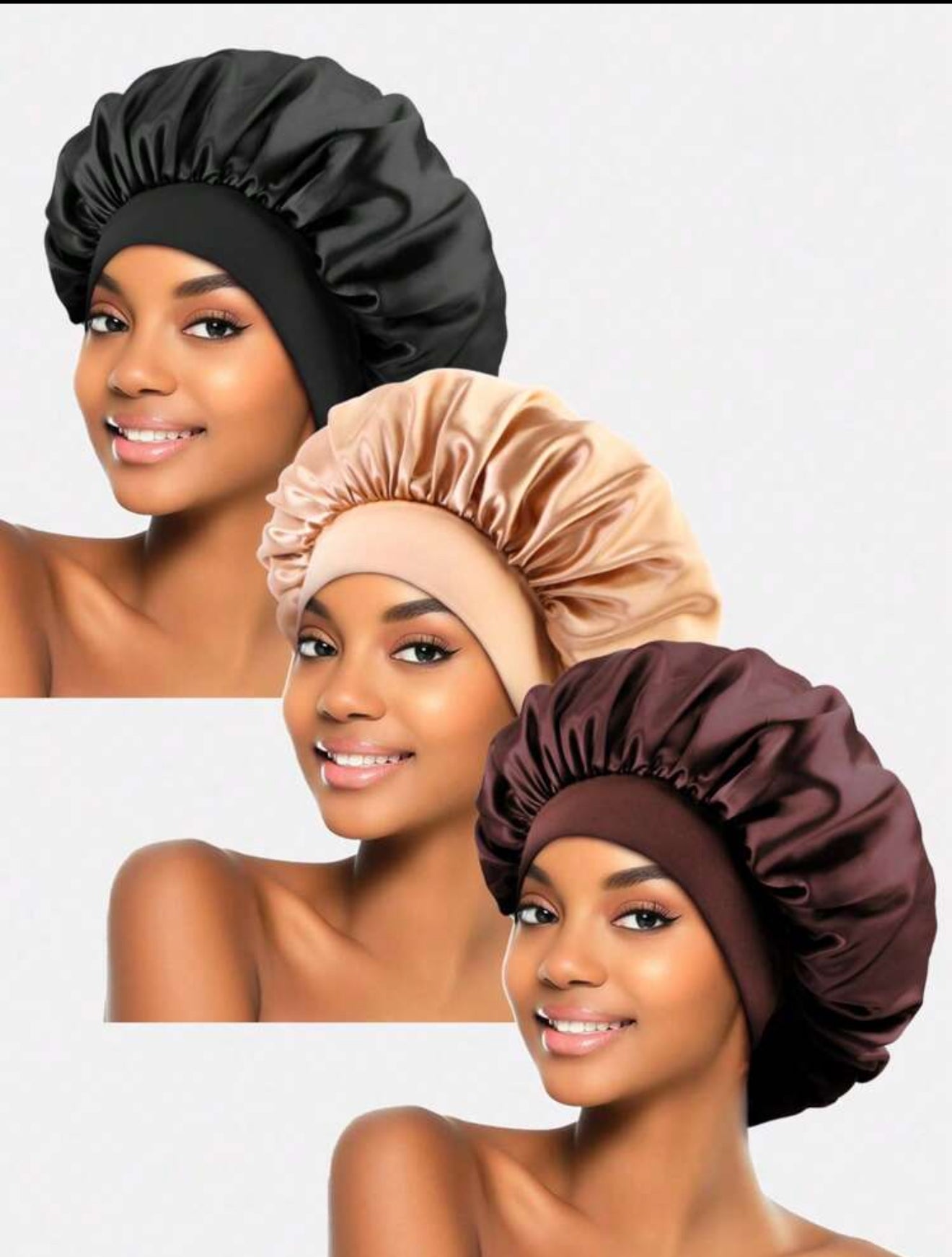 3pcs Women's Multi-Color Satin Wide Brim Sleep Cap/Hat, Suitable For Everyday Use