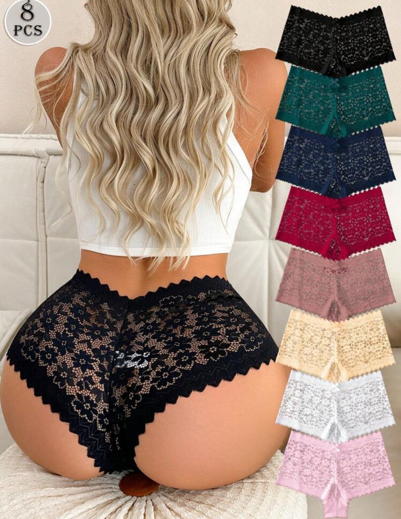 8pcs/Set Seamless Sexy Lace See-Through Ladies Panties With Bowknot &amp; Floral Pattern Lingerie Bow Tie