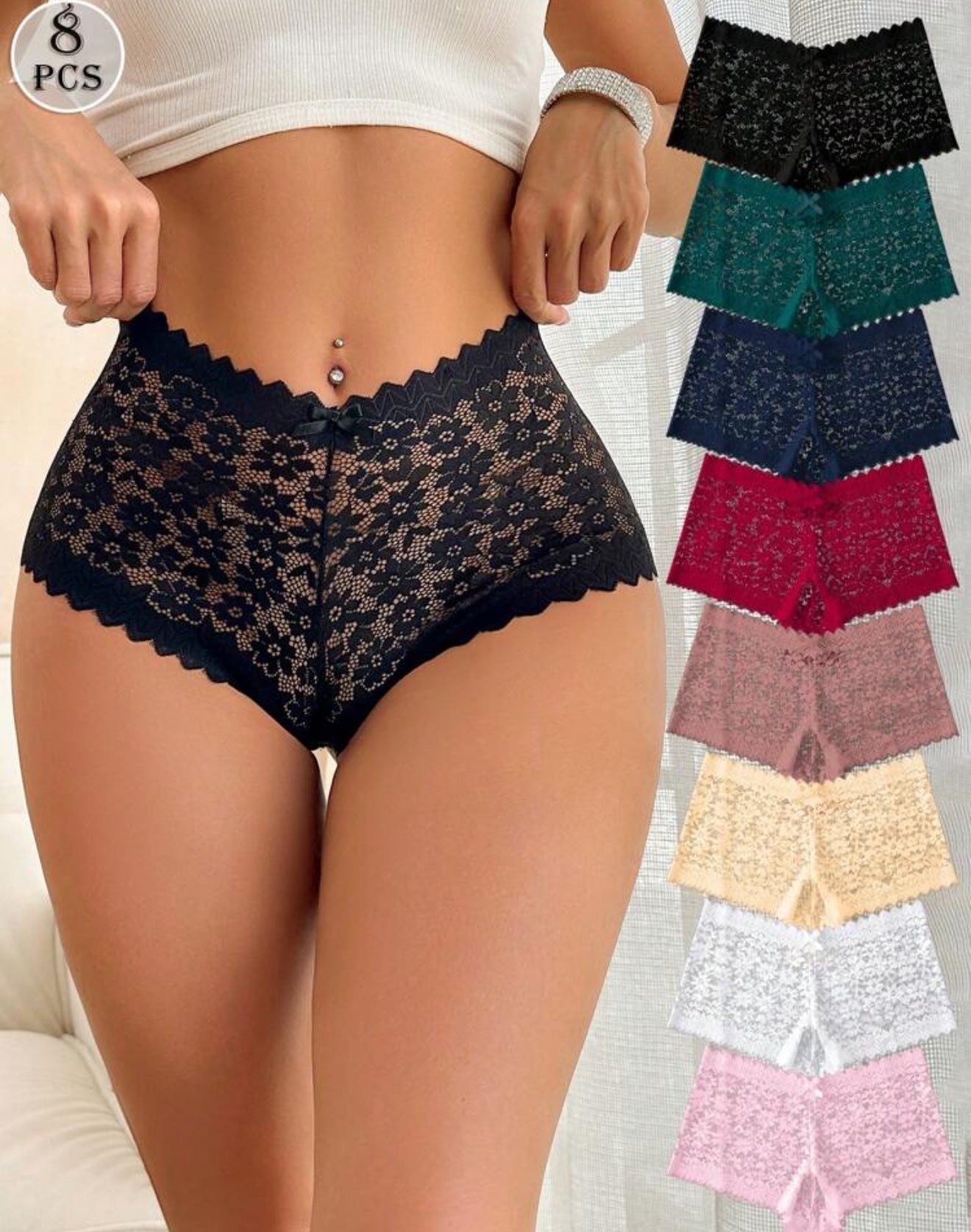 8pcs/Set Seamless Sexy Lace See-Through Ladies Panties With Bowknot &amp; Floral Pattern Lingerie Bow Tie