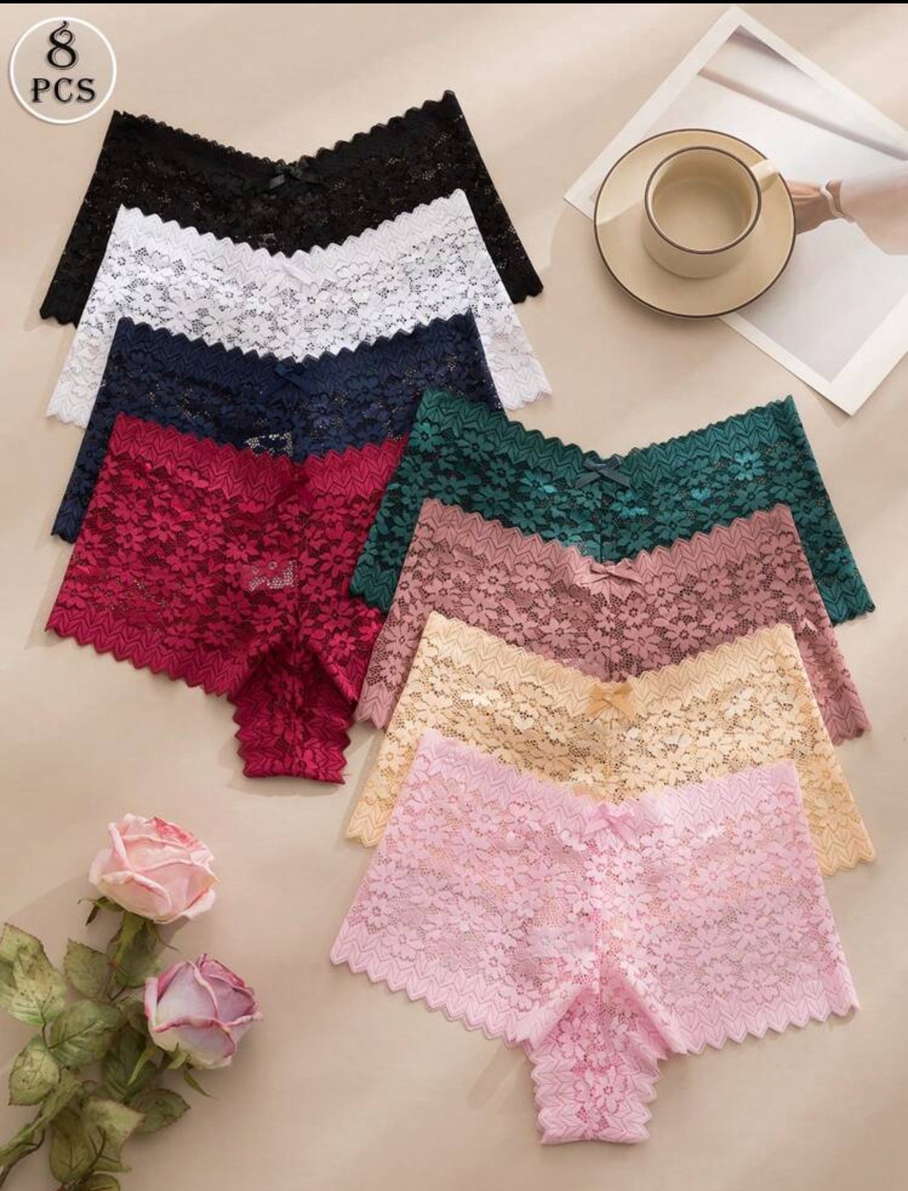 8pcs/Set Seamless Sexy Lace See-Through Ladies Panties With Bowknot &amp; Floral Pattern Lingerie Bow Tie