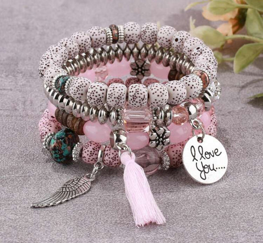 4pcs/Set Multi-Layer Tassel Beaded Charm Bracelet With Wing Decor